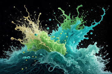 depicts a dynamic splash of colorful liquids, including shades of yellow, green, and blue, against a black background. The splashes are energetic and create a sense of movement and fluidity.