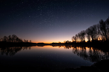 starry night sky reflecting in still lake water, silhouette of trees, 