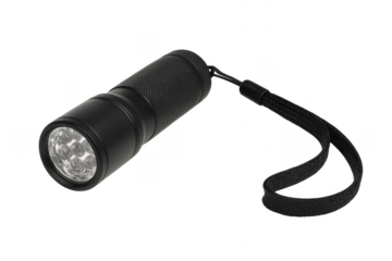 Led flashlight emitting light with wrist strap on transparent background