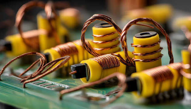 Close-up of yellow ferrite cores and copper wire on a circuit board   - - Powered by Adobe