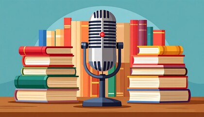 Retro microphone amidst books on a table