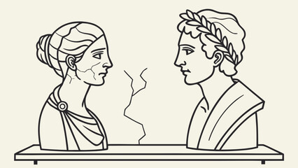 Ancient greek statue busts of a couple facing each other with a crack between them drawing art 100