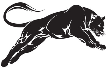 Obraz premium Leaping Black Panther: Dynamic silhouette of a sleek, powerful black panther in mid-leap, showcasing agility and strength against a clean backdrop. 