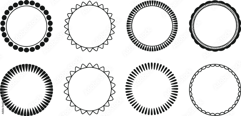 Poster collection of eight decorative circle frames with various patterns and designs