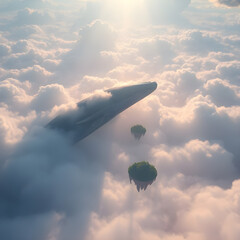 blue whale soars gracefully through a celestial sky, surrounded by soft, illuminated clouds and distant mountain peaks