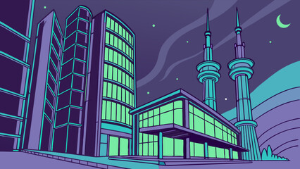 Night city skyline illustration with modern buildings and towers vector art design concept view scene