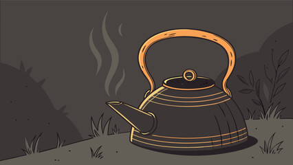 Vintage black tea kettle with steam illustration for tea lovers and antique kitchenware collectors alike