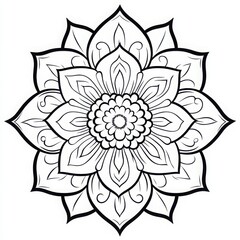 A detailed monochrome floral mandala with intricate petal designs on a white background illustration