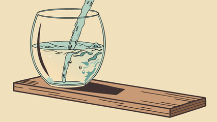 Illustration of water pouring into a glass cup on a wooden surface still life drawing style art