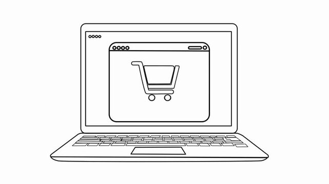 Ecommerce shopping cart icon on laptop outline illustration
