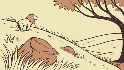 Lion on savanna landscape illustration vector african wildlife nature scene drawing cartoon animal safari wildcat 100