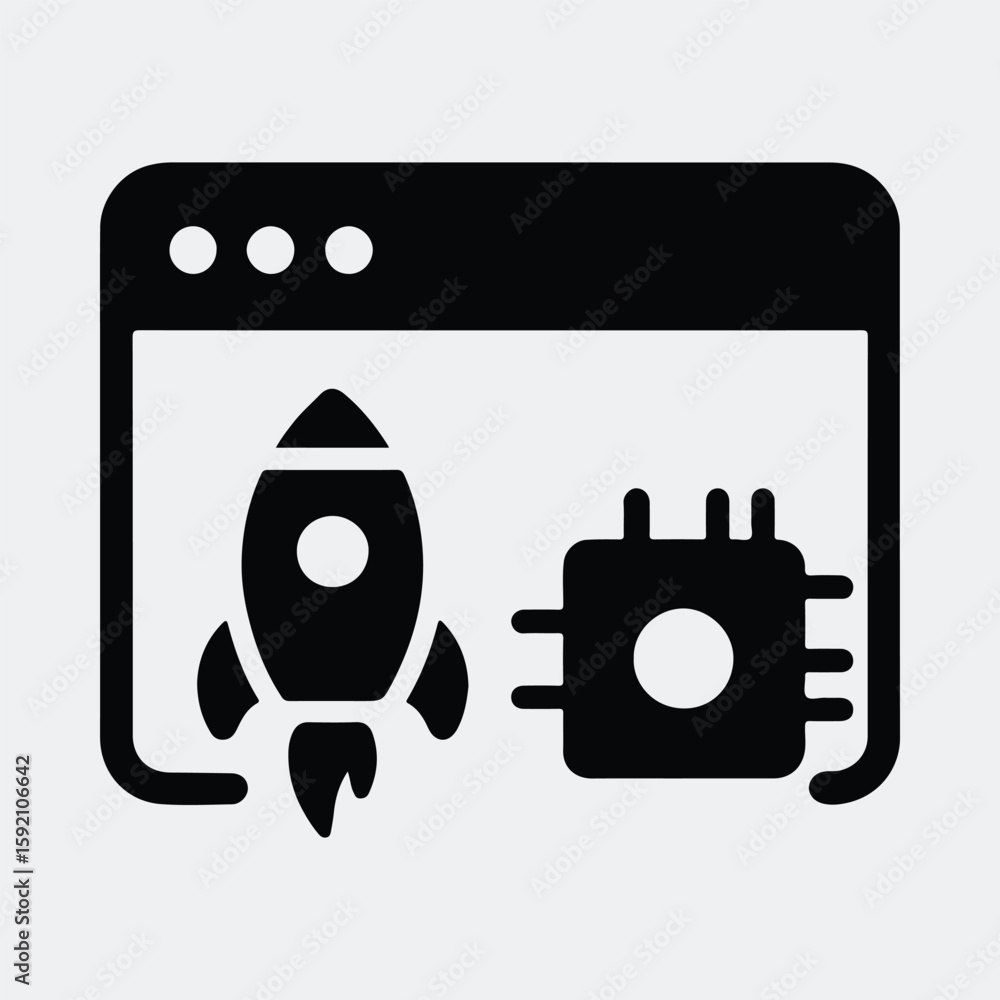 Poster silhouette web development and launching rocket on device vector illustration