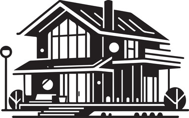 Architectural Icon A Detailed Black and White Illustration of a Modern House