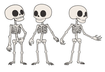 Cute skeleton character vector set. vector illustration doodle linocut style. Halloween, monster cartoon.