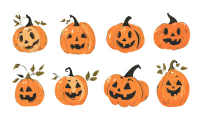 Cute pumpkin halloween jack character vector set. Vector illustration doodle linocut style 