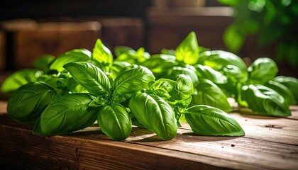 Fresh basil leaves on rustic wooden surface