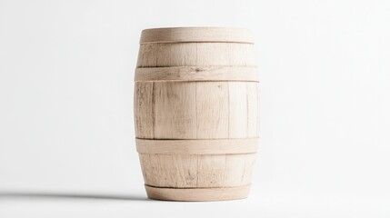 Naklejka premium Wooden Barrel: A solitary wooden barrel, a symbol of rustic charm and traditional craftsmanship, stands in pristine focus, the natural grain of its wood telling a story of heritage and timelessness.