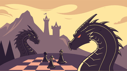 Dragons playing chess game strategy illustration fantasy art board game competition adventure scene concept
