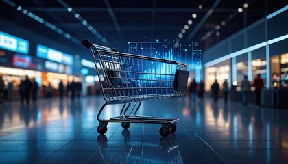 Shopping cart in a modern mall interior with digital overlay
