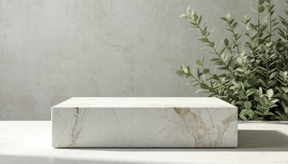 White marble podium for product presentation on light background with delicate greenery on pastel background
