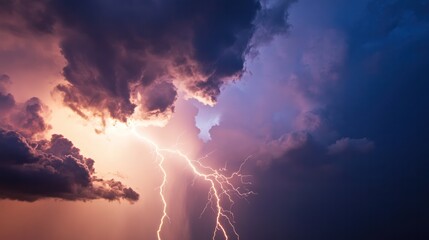 Lightning Storm: A dramatic low angle view of a powerful lightning bolt striking through dark and moody storm clouds, showcasing the raw power of nature.