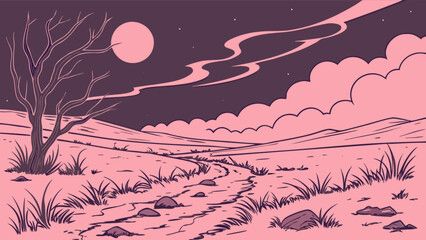 Pink aesthetic night landscape with moon and tree vector illustration background design art