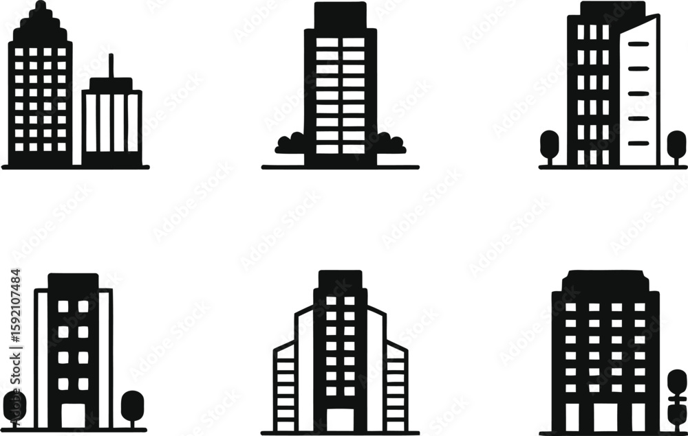 Poster set of six different building icons in black and white vector format