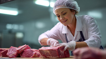 Butcher cutting fresh raw meat in professional kitchen with focus and care, wearing protective gloves and hairnet