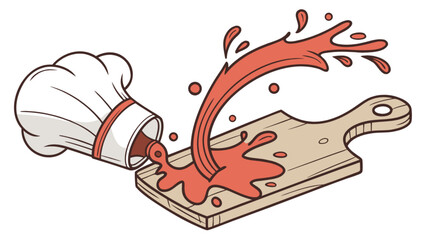 Chef hat pouring tomato sauce on wooden cutting board illustration cooking food preparation design vector