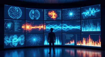 Man watching data visualizations on multiple screens. Big data, analytics, technology concept.