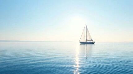 Fototapeta premium Tranquil Sailboat: A solitary sailboat glides across a serene expanse of ocean, the vast blue of sea merging with the clear sky to create a sense of boundless freedom. 