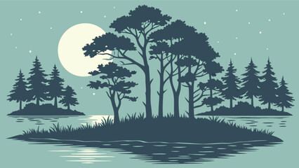 Lake landscape with trees and moon vector illustration nature scene outdoor background graphic design artwork