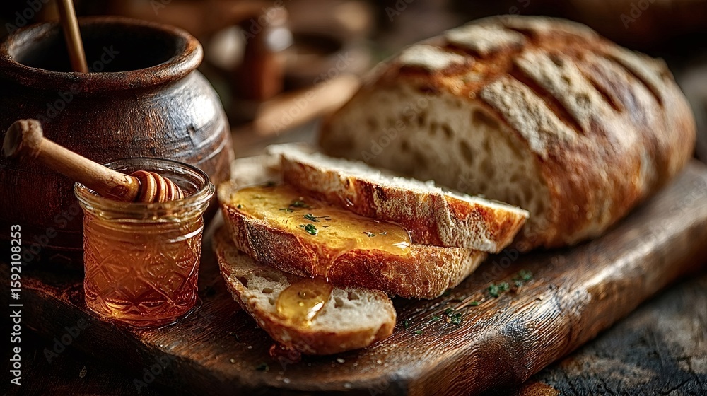 Poster slices of freshly baked bread are partly covered with honey dripping from a honey dipper, accompanie