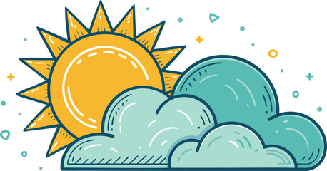Colorful Cartoon Sun with Fluffy Clouds and Minimal Decorative Style for Weather Icons and Playful Children’s Illustrations