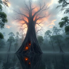 mystical forest scene unfolds with ancient, colossal trees shrouded in mist and fog
