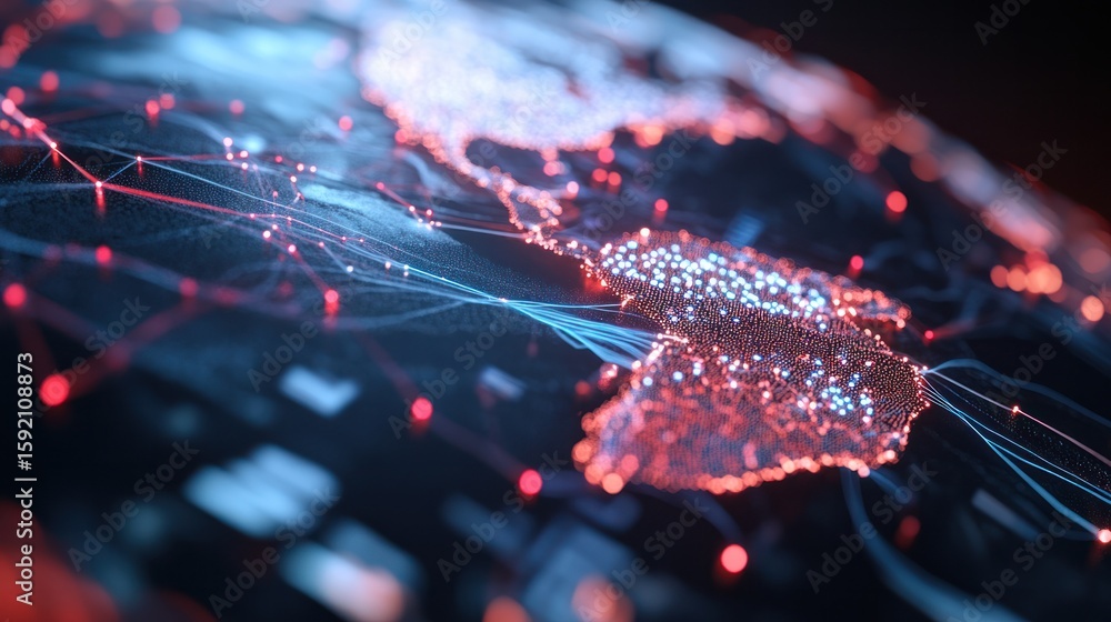 Poster global network: a vibrant illustration of the world, intricately overlaid with a complex network of 