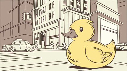 Yellow rubber duck in city street cartoon illustration for kids and children learning resources design