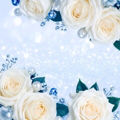 きらめく氷の背景に青い宝石と真珠をあしらった白いバラ