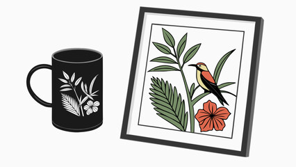Tropical bird art print and black mug with floral design home decor and botanical illustration