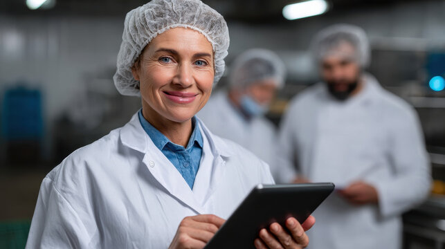 Smiling female worker in white coat and hairnet holding tablet in food processing factory with colleagues in background