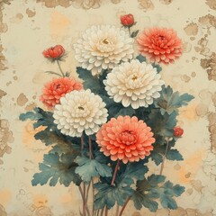 A floral arrangement featuring white and orange chrysanthemums with green leaves on a textured background