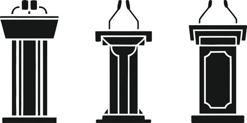 Three podiums or lecterns with microphones in a black and white illustration