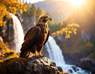 Majestic golden eagle perched on a rock overlooking a waterfall in autumnal scenery