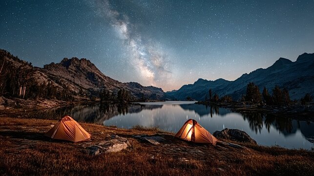 Two illuminated camping tents stand by a tranquil lake reflecting the starry night sky and the milky way, creating a serene scene amidst the majestic mountains
