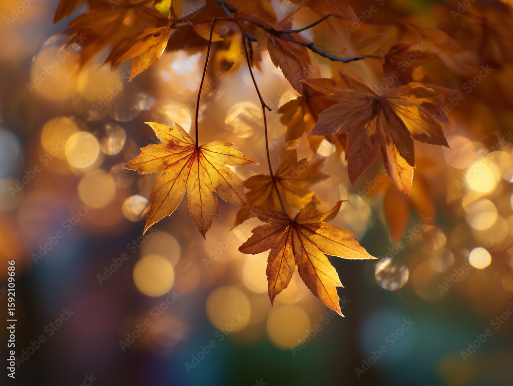 Poster golden maple leaves glow with bokeh lights, creating a warm and enchanting autumn atmosphere in a na