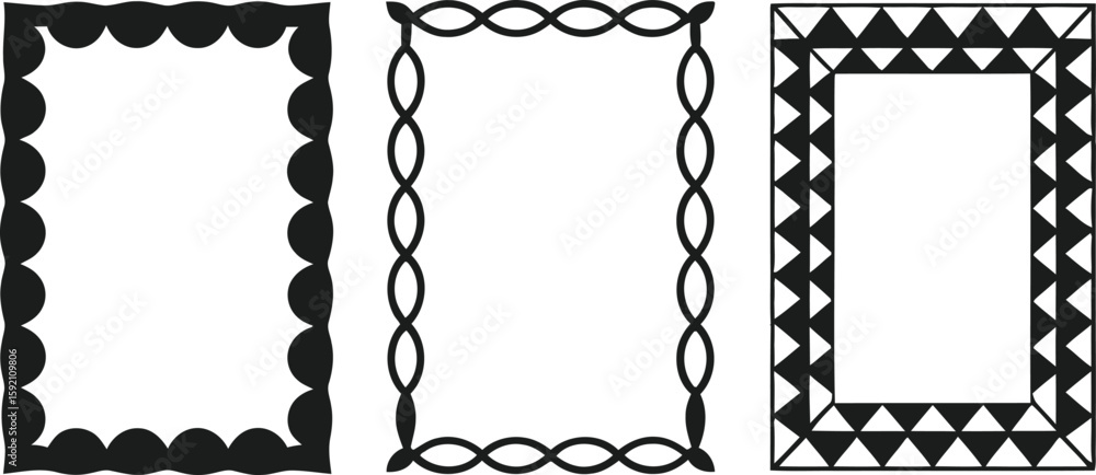Poster set of three decorative frames with different border styles in black
