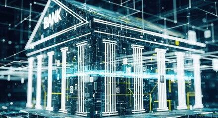 Digital bank building with glowing lines, representing technology and finance.