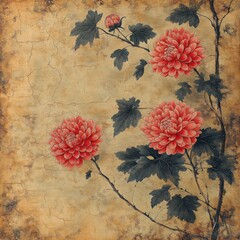 A vintage painting with red chrysanthemums on branches against a textured background with cracks and spots