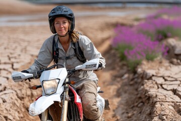 Obraz premium A determined woman equips herself with safety gear atop a dirt bike, navigating cracked earth with vibrant purple flowers in the background, symbolizing strength and resilience.