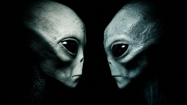 Close-up of two alien faces staring at each other in darkness